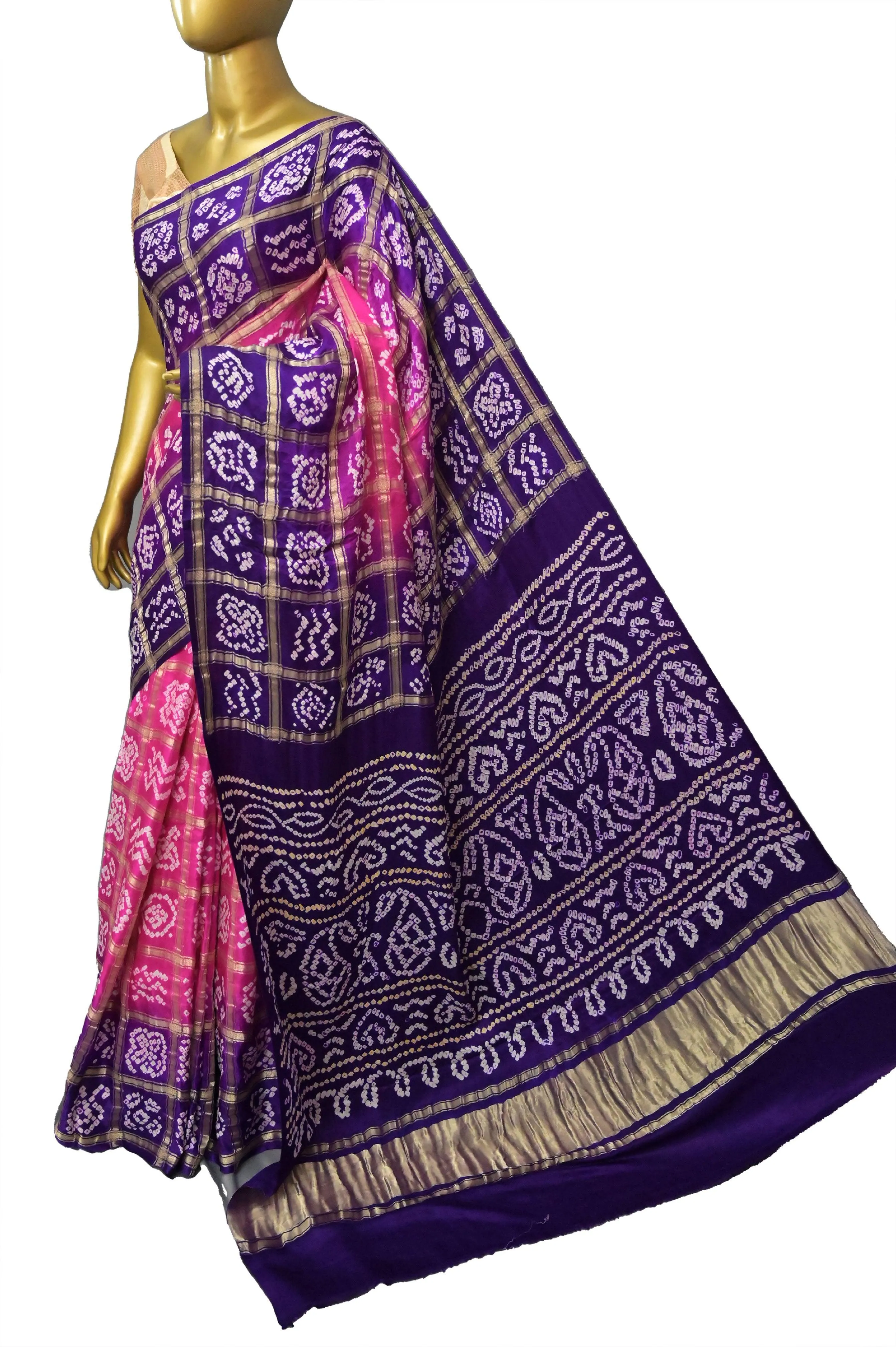 Magenta and Purple Color Pure Ghazi Silk Gharchola Saree with Hand Bhandhani and Zari Checks