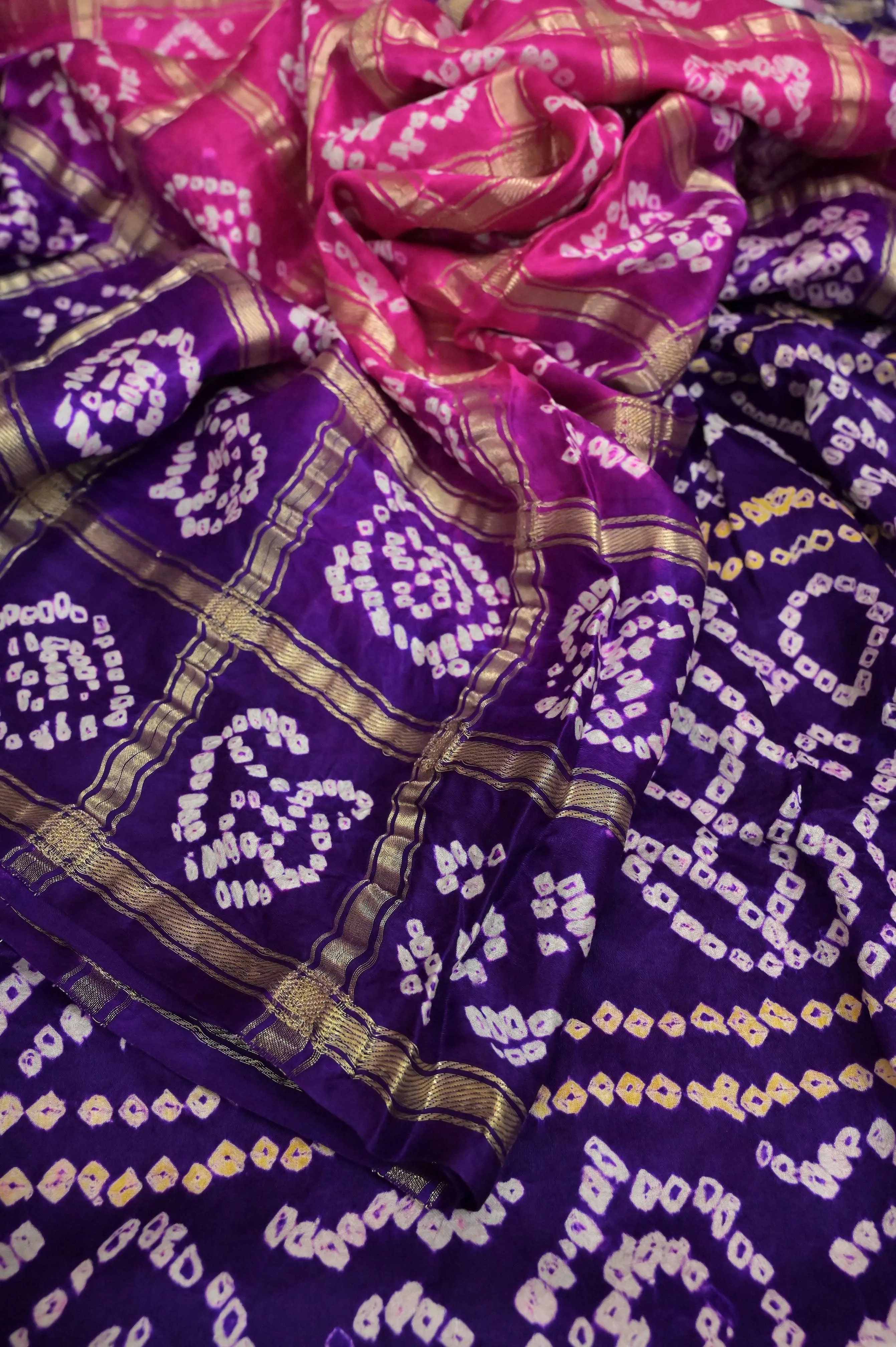 Magenta and Purple Color Pure Ghazi Silk Gharchola Saree with Hand Bhandhani and Zari Checks