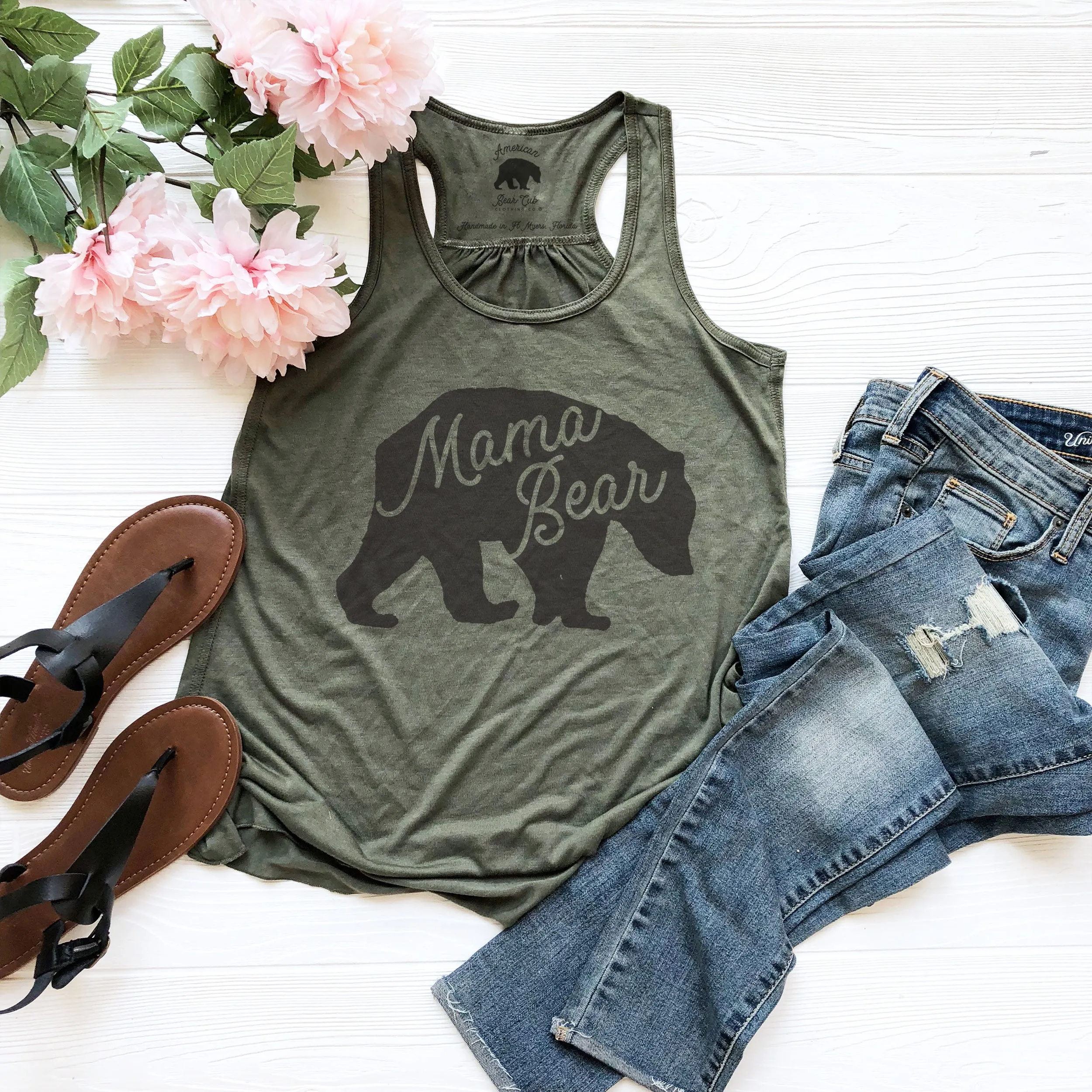 Mama Bear Silhouette flowy racerback tank tops - light or dark artwork