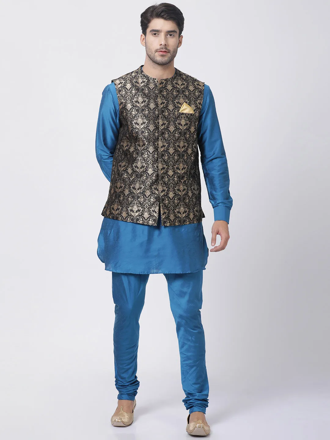 Men's Firozi Blue Cotton Silk Blend Kurta, Ethnic Jacket With Churidar pajama  Set