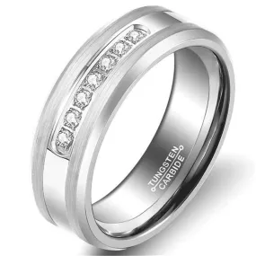 Men's Silver 6mm Tungsten Carbide Ring Cubic Zirconia Wedding Jewelry Engagement Promise Band for Him Matte Finish Comfort Fit