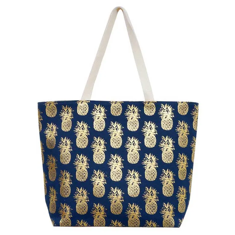 Metallic Pineapple Patterned Beach Tote Bag