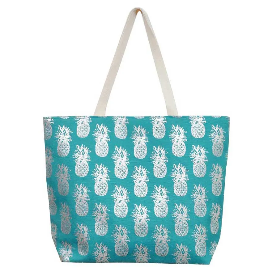 Metallic Pineapple Patterned Beach Tote Bag