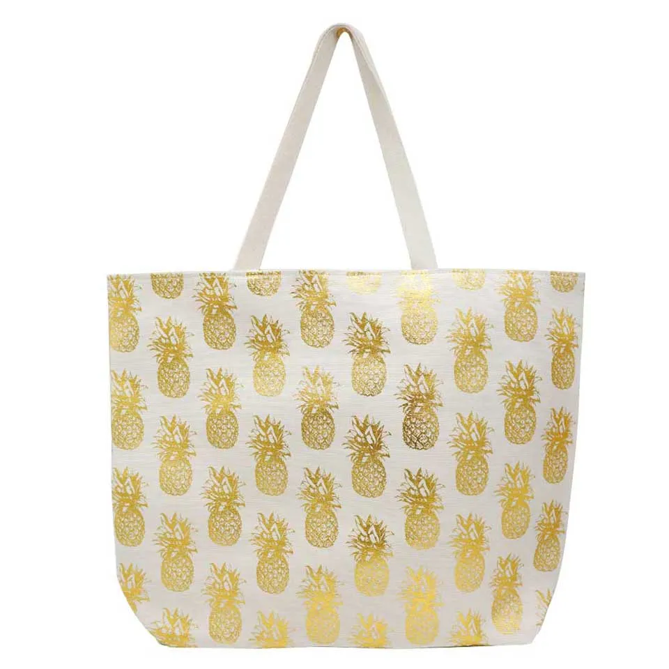 Metallic Pineapple Patterned Beach Tote Bag