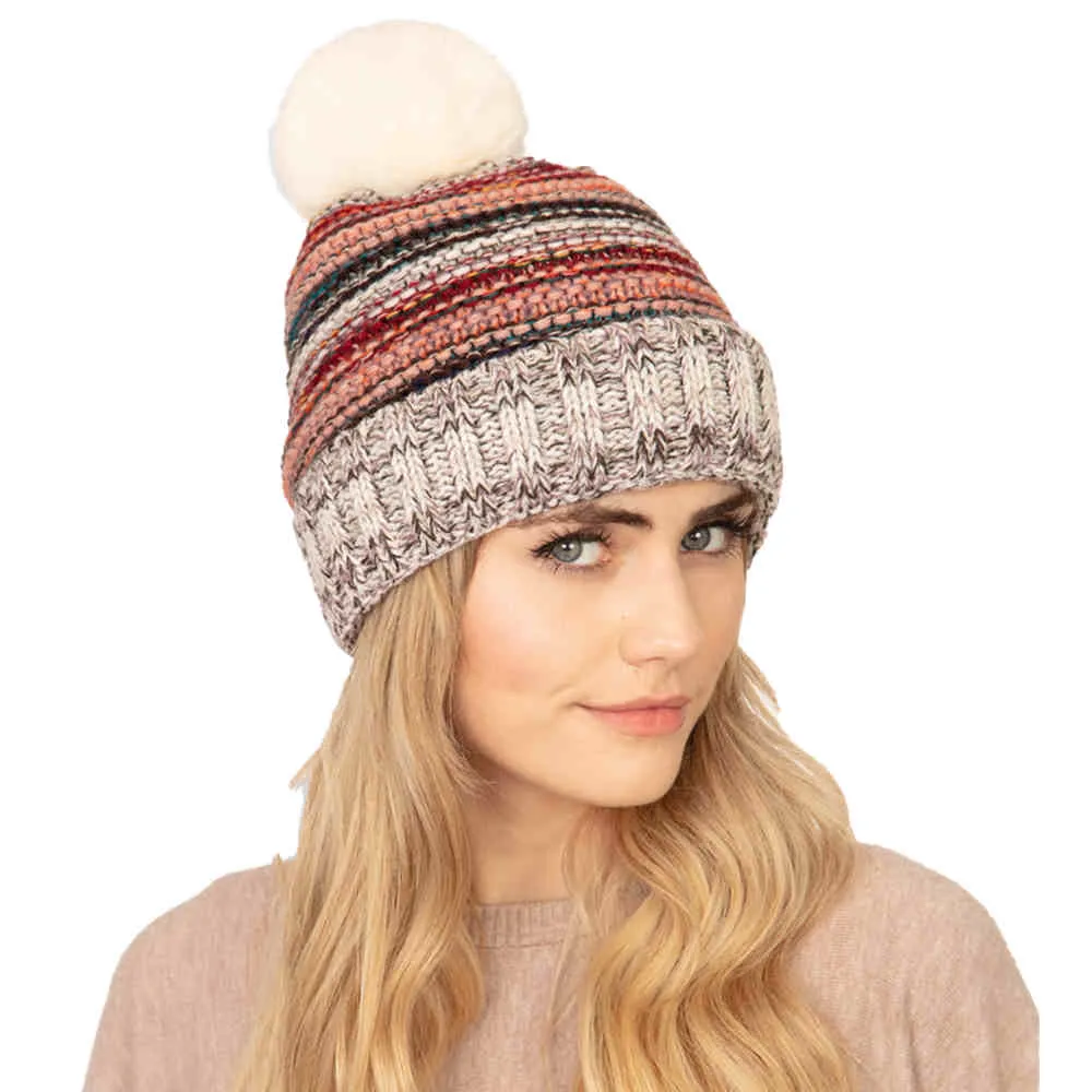 Multi Colored Striped Fleece Pom Pom Beanie Hat