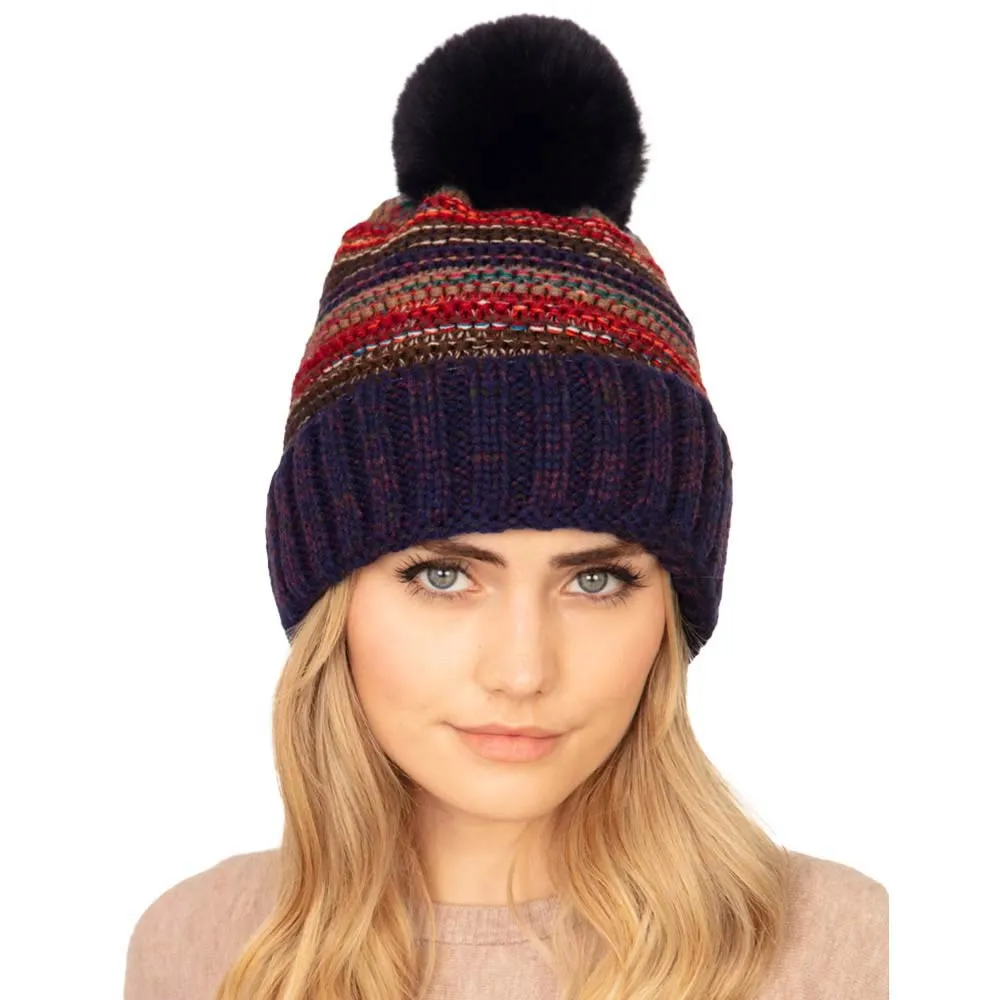 Multi Colored Striped Fleece Pom Pom Beanie Hat