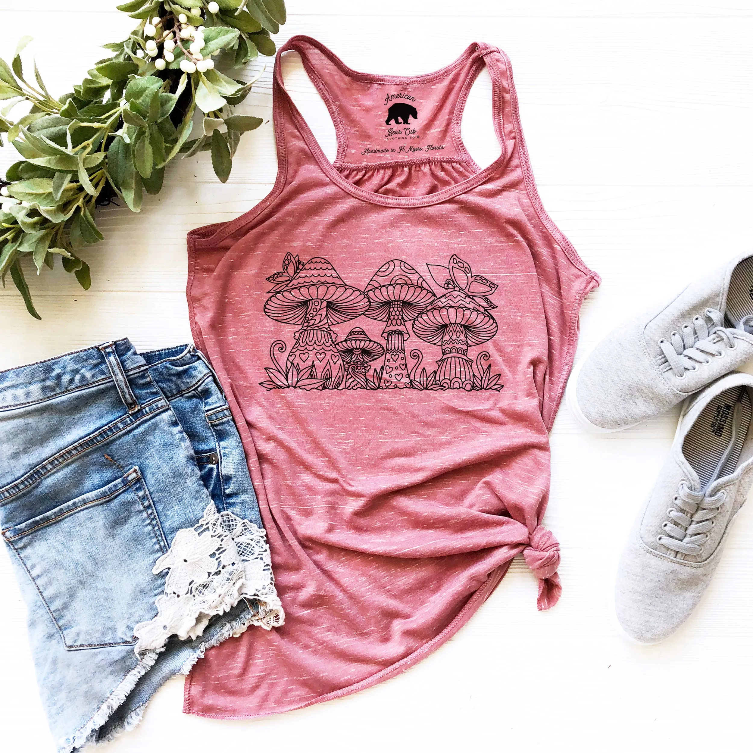 Mushrooms and Butterflies flowy racerback tank tops