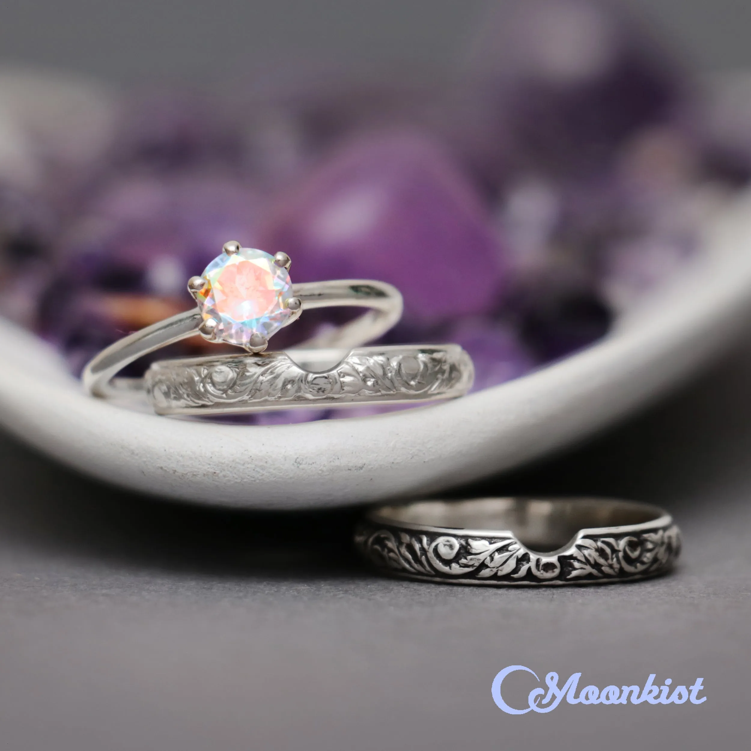 Nature Inspired Classic Engagement Ring and Vine Wedding Band | Moonkist Designs