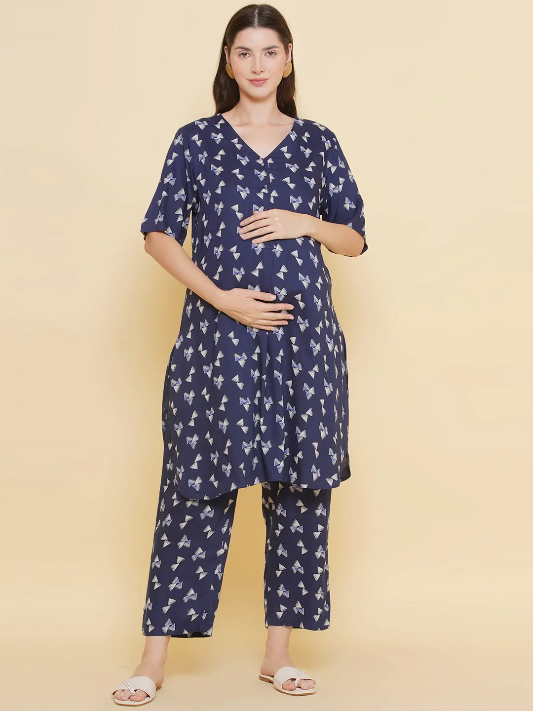 Navy Blue Printed Pattern Maternity & Nursing Kurta Set