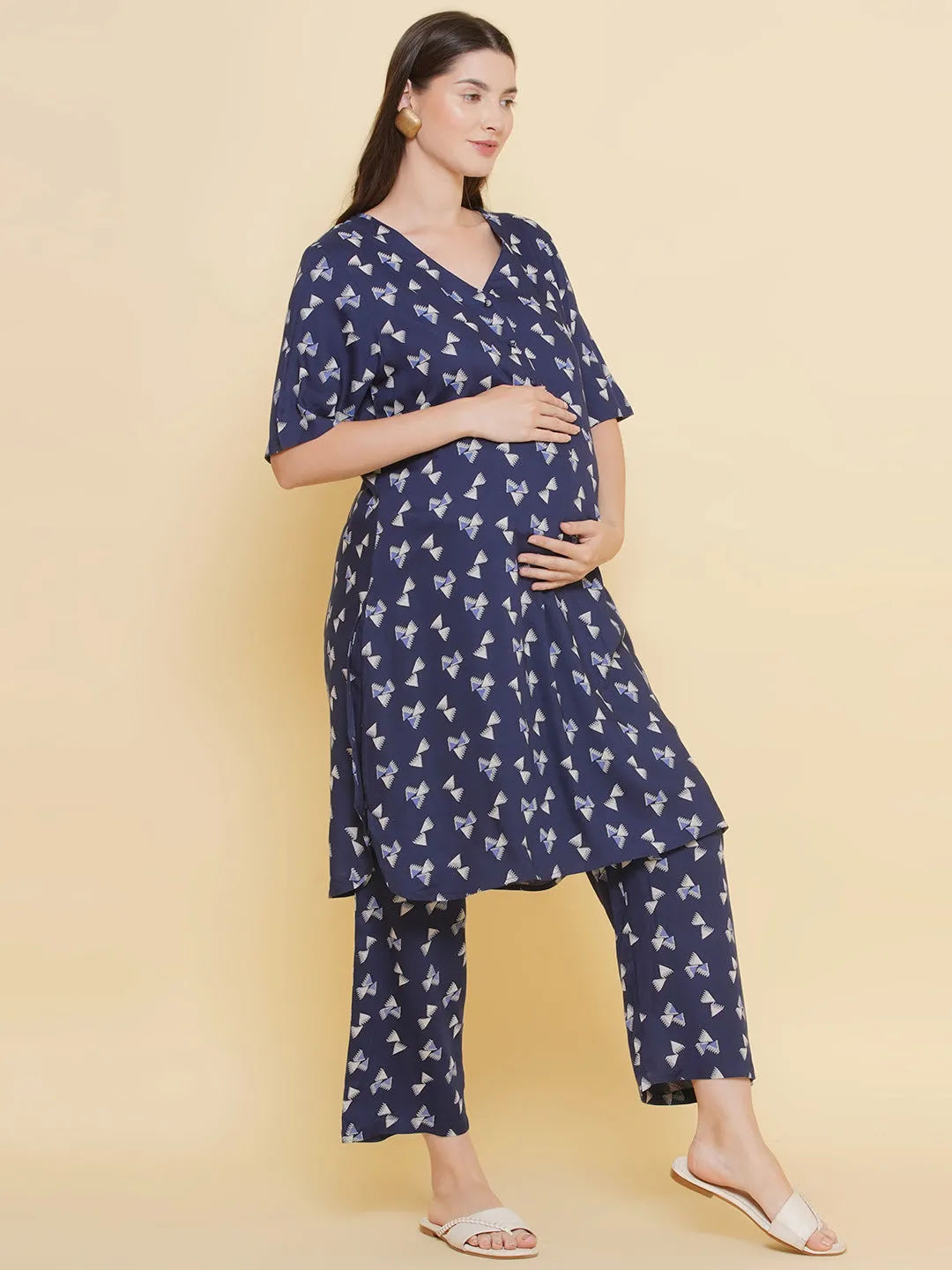 Navy Blue Printed Pattern Maternity & Nursing Kurta Set