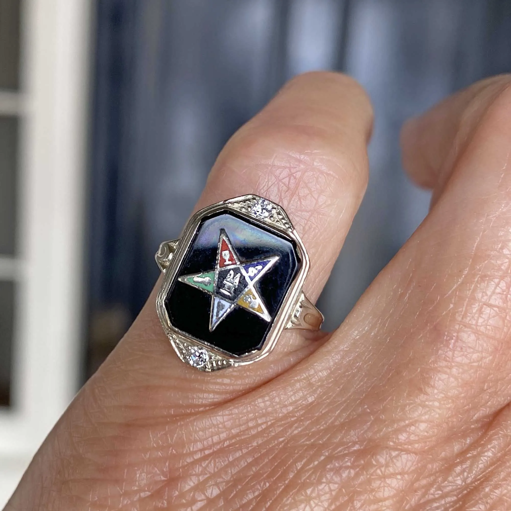 OES Eastern Star Masonic Black Onyx Diamond Ring