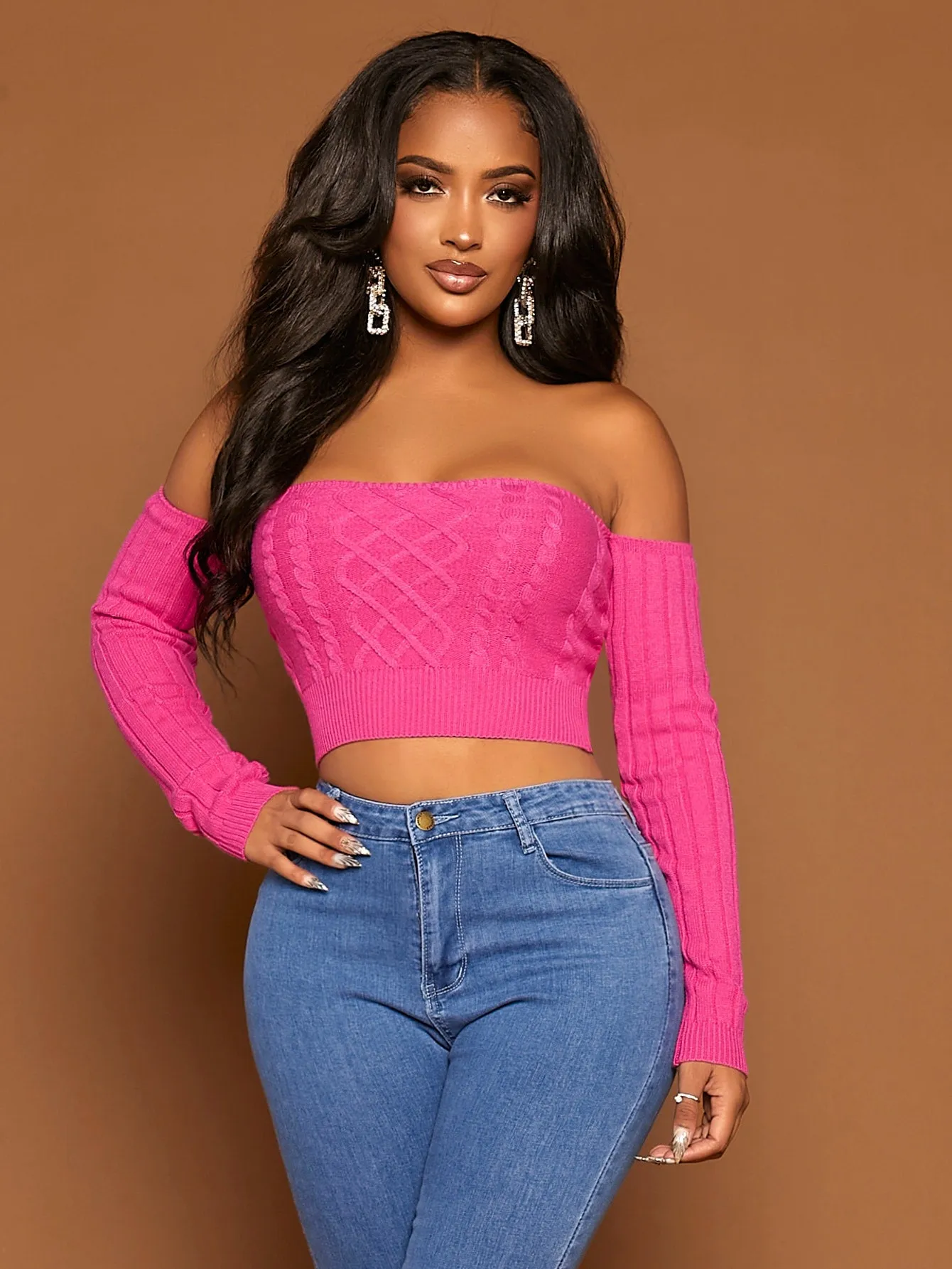 Off The Shoulder Cable Knit Crop Sweater