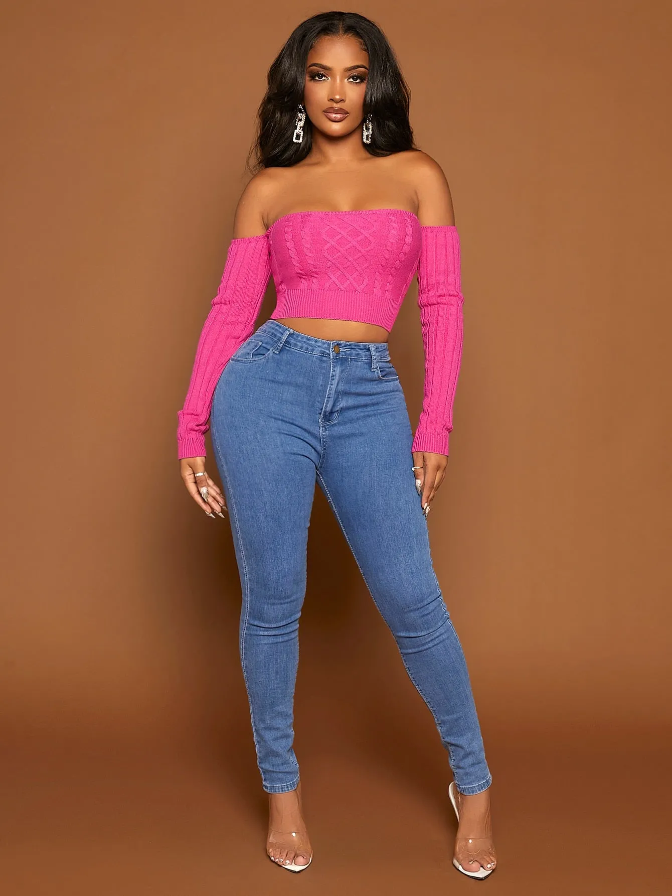 Off The Shoulder Cable Knit Crop Sweater