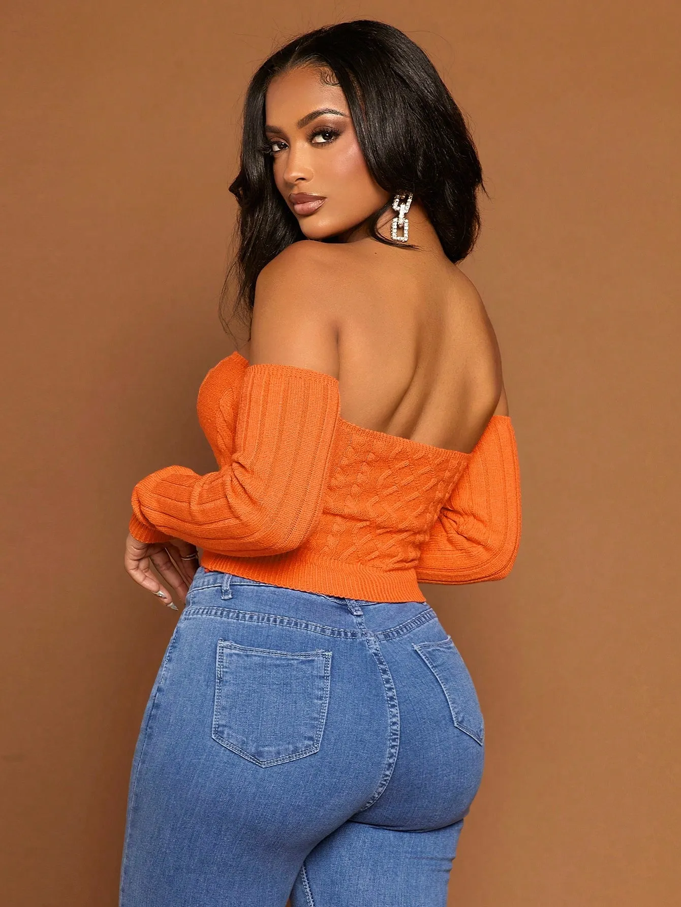 Off The Shoulder Cable Knit Crop Sweater