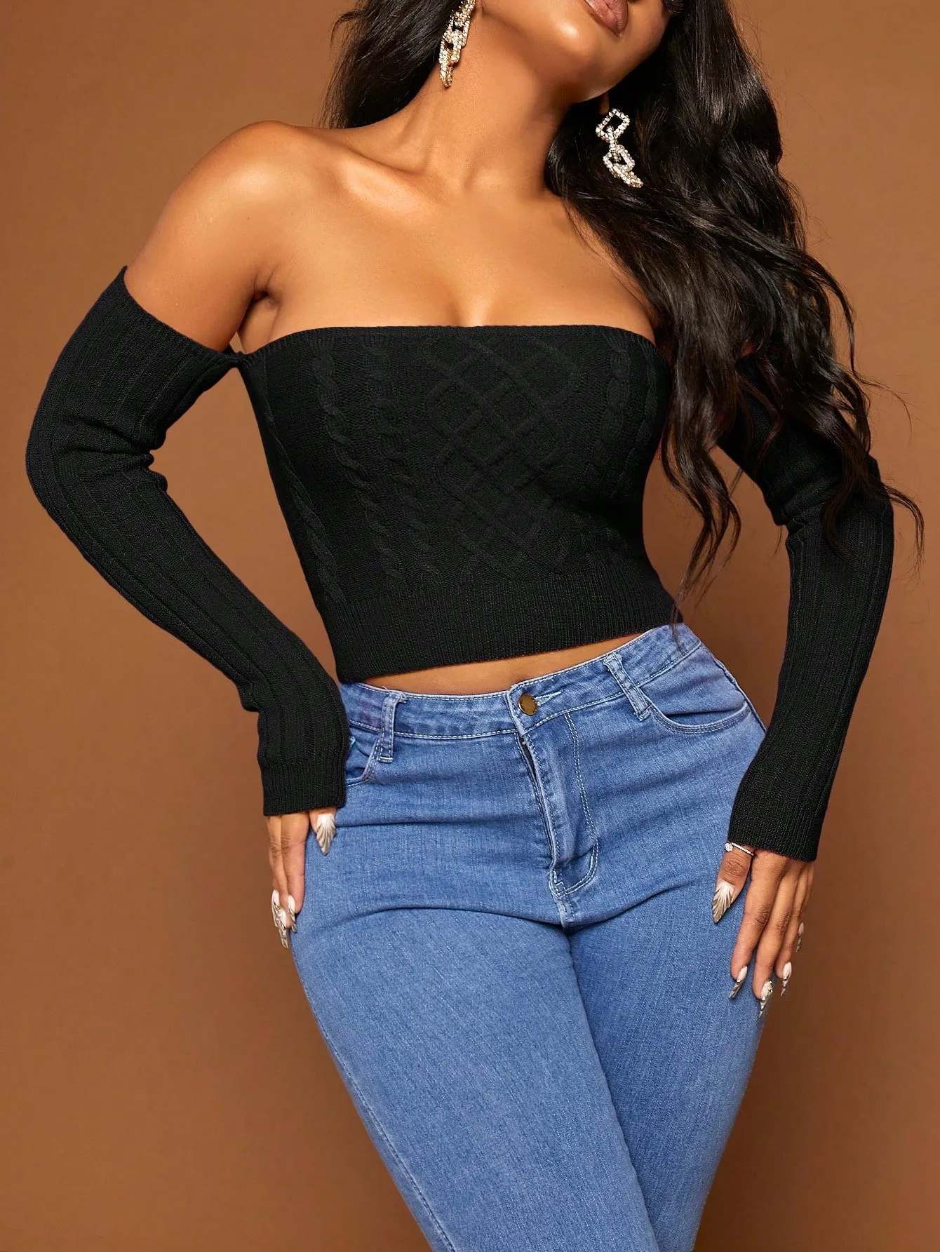 Off The Shoulder Cable Knit Crop Sweater