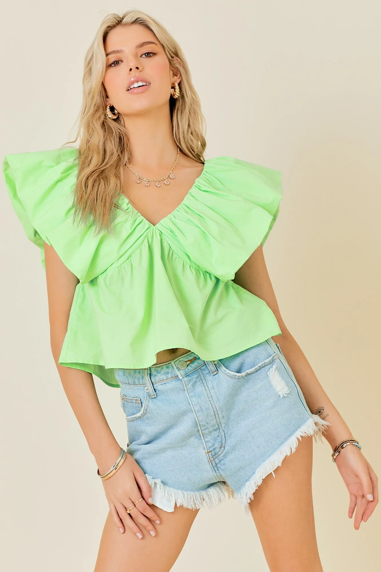 Open V-Neck Ruffle Sleeve Poplin Top