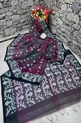 Peacok Green and Purple Color Dual Tone Muslin Jamdani Saree with Ikat Style Weaving