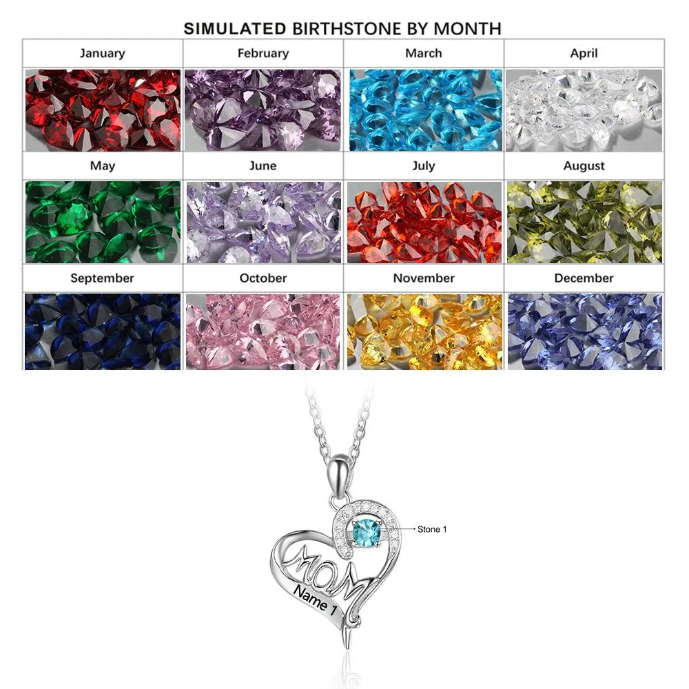 Personalized 1 Birthstone Mother's Necklace In Mom's Heart 1 Name