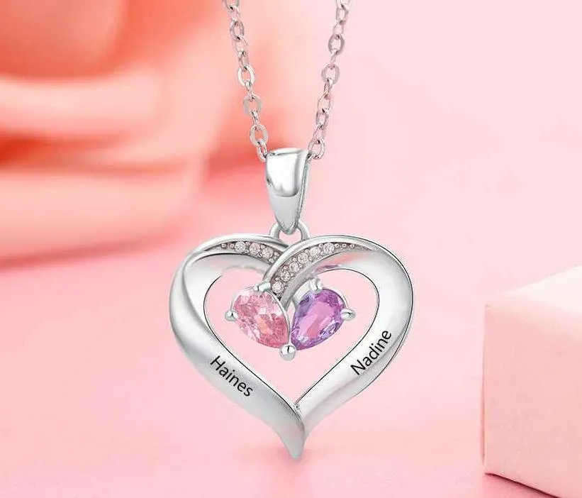 Personalized 2 Birthstone Mother's Heart Necklace Inner Heart - 2 Names