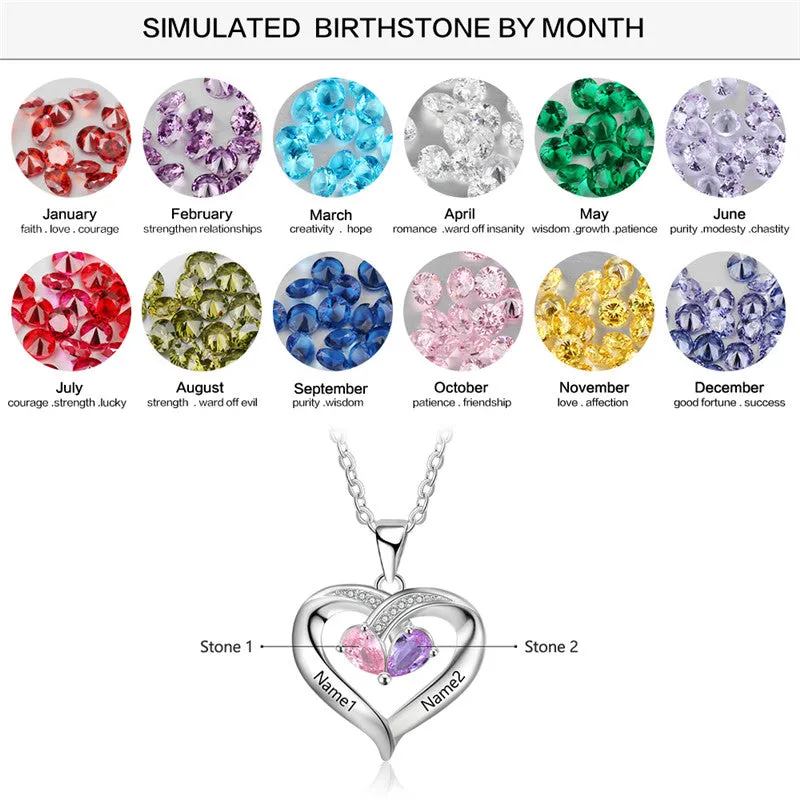 Personalized 2 Birthstone Mother's Heart Necklace Inner Heart - 2 Names