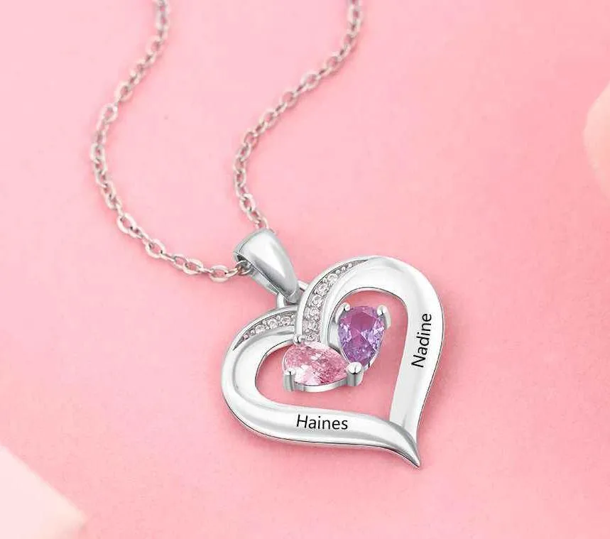 Personalized 2 Birthstone Mother's Heart Necklace Inner Heart - 2 Names