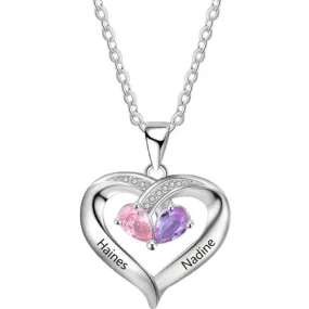 Personalized 2 Birthstone Mother's Heart Necklace Inner Heart - 2 Names