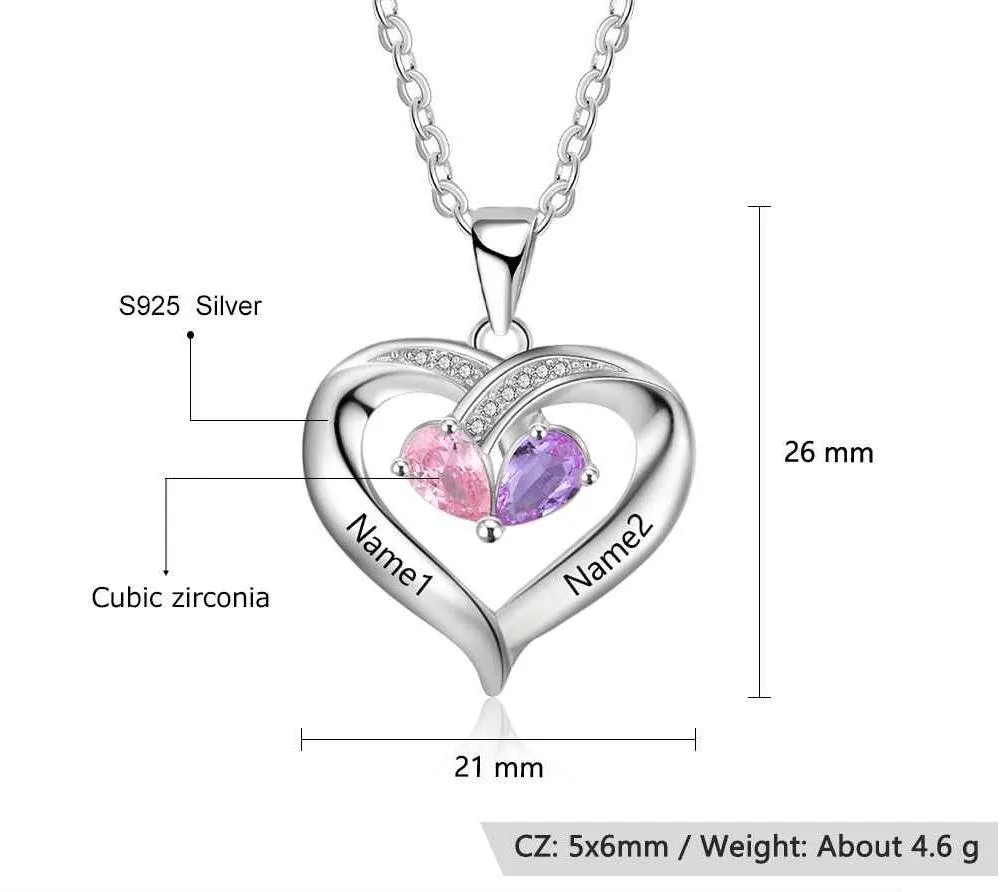 Personalized 2 Birthstone Mother's Heart Necklace Inner Heart - 2 Names