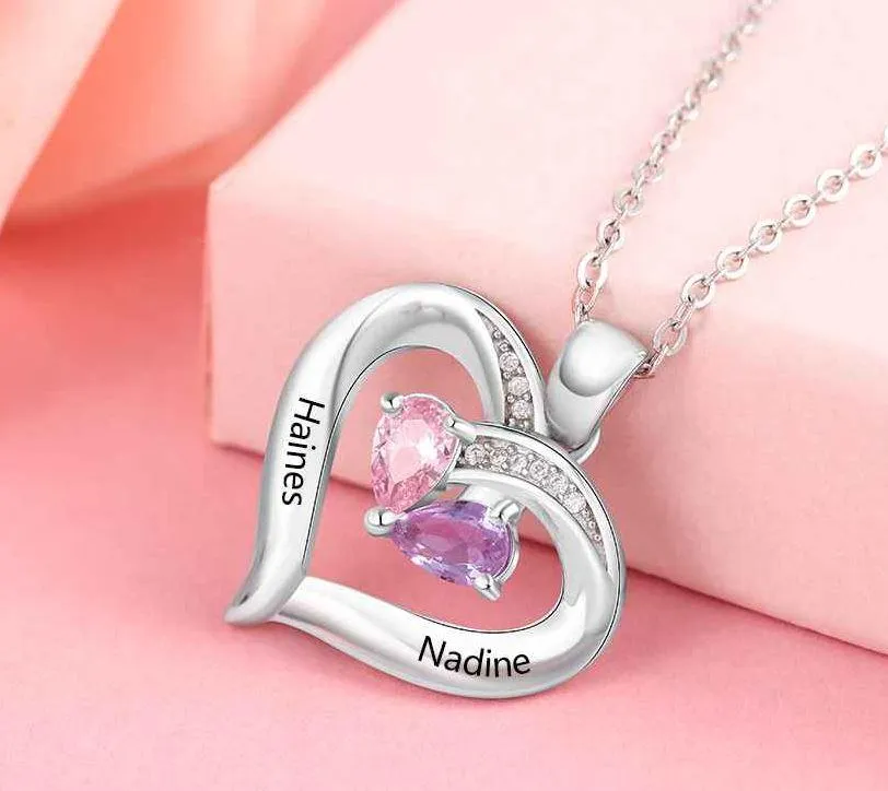 Personalized 2 Birthstone Mother's Heart Necklace Inner Heart - 2 Names