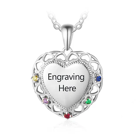 Personalized 5 Birthstone Mother's Necklace Engraved Heart Pendant