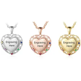 Personalized 5 Birthstone Mother's Necklace Engraved Heart Pendant