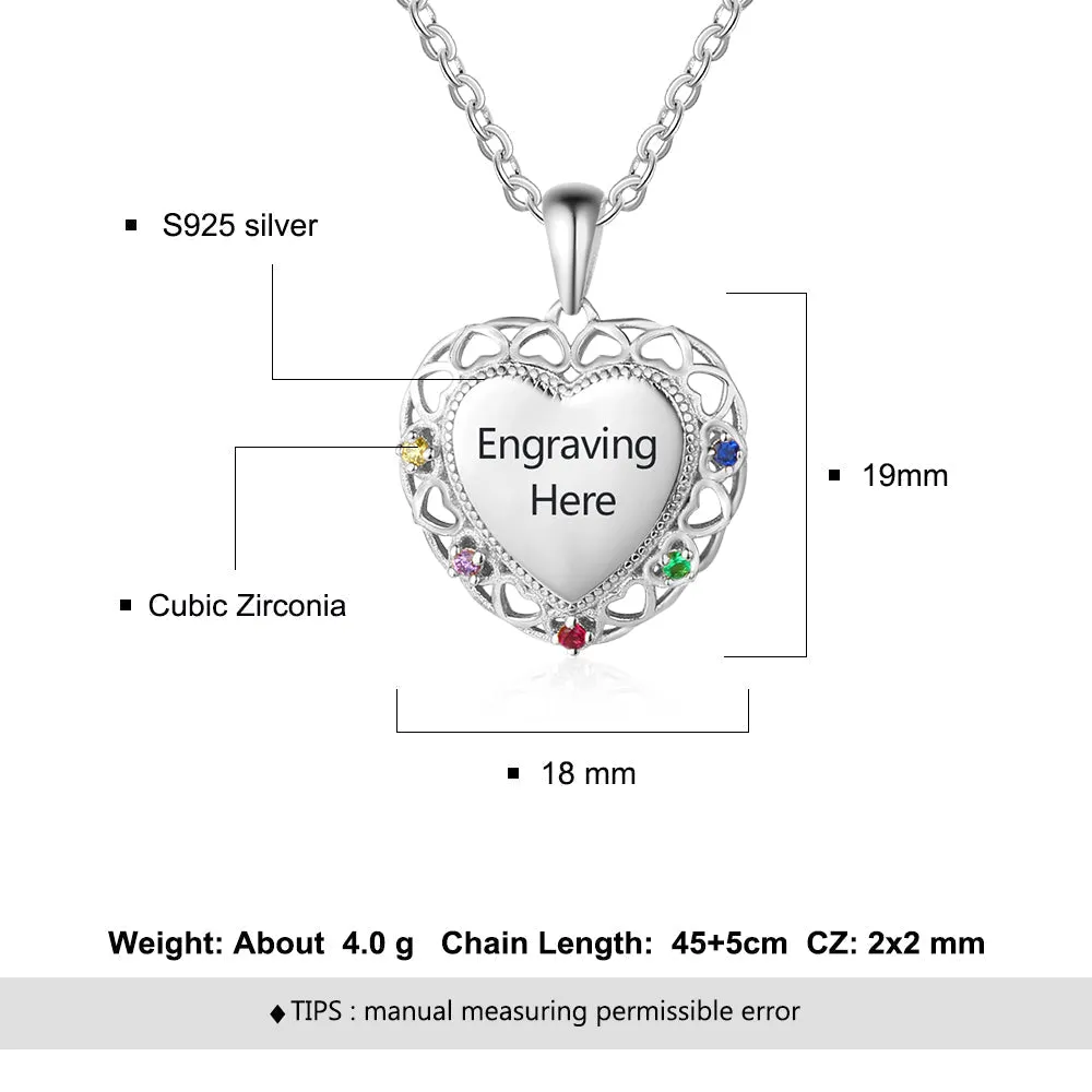 Personalized 5 Birthstone Mother's Necklace Engraved Heart Pendant