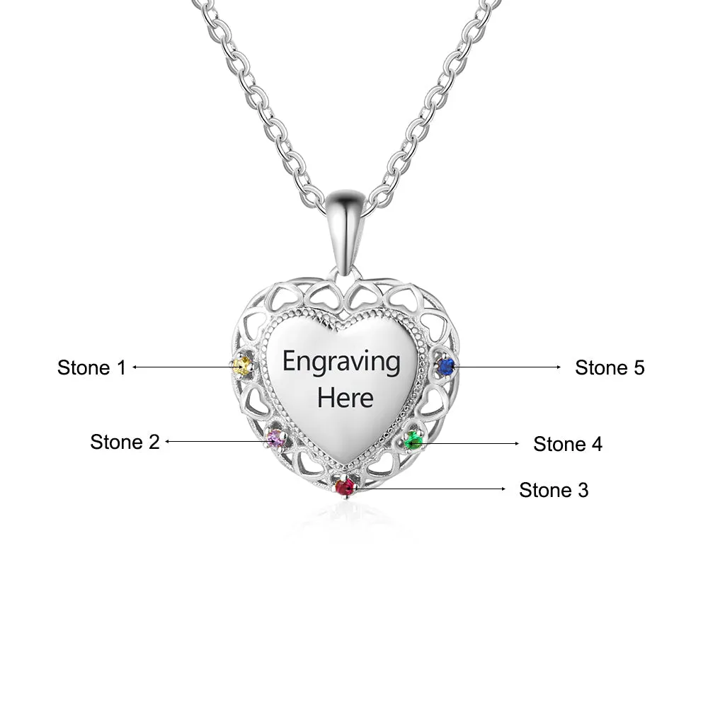 Personalized 5 Birthstone Mother's Necklace Engraved Heart Pendant