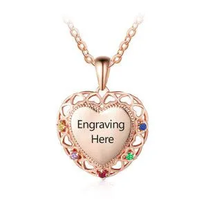 Personalized 5 Birthstone Mother's Necklace Engraved Heart Pendant