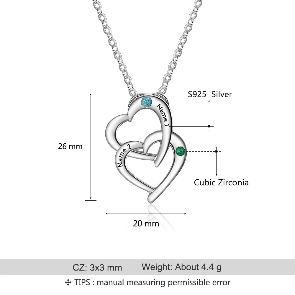 Personalized Mother's Necklace 2 Birthstones Linked Hearts 2 Engraved Names