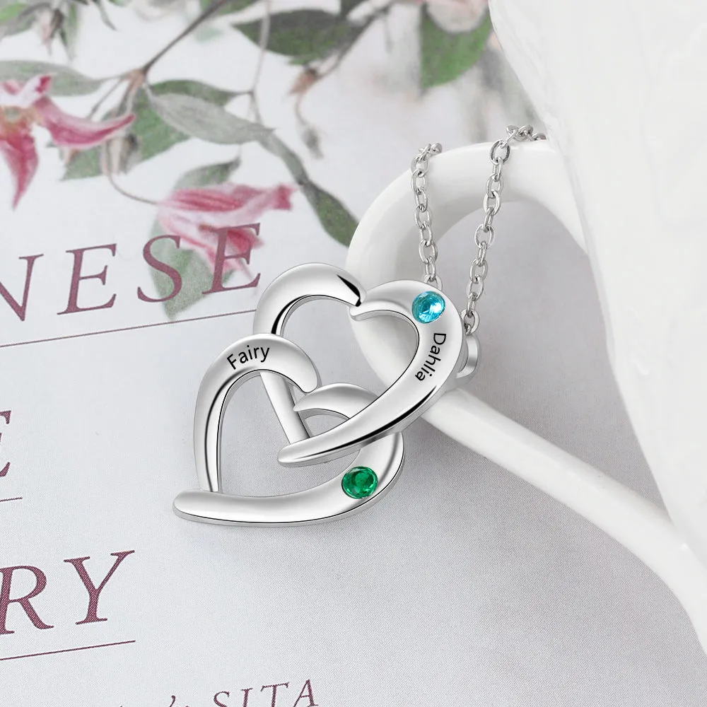 Personalized Mother's Necklace 2 Birthstones Linked Hearts 2 Engraved Names