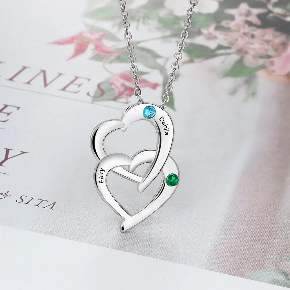 Personalized Mother's Necklace 2 Birthstones Linked Hearts 2 Engraved Names