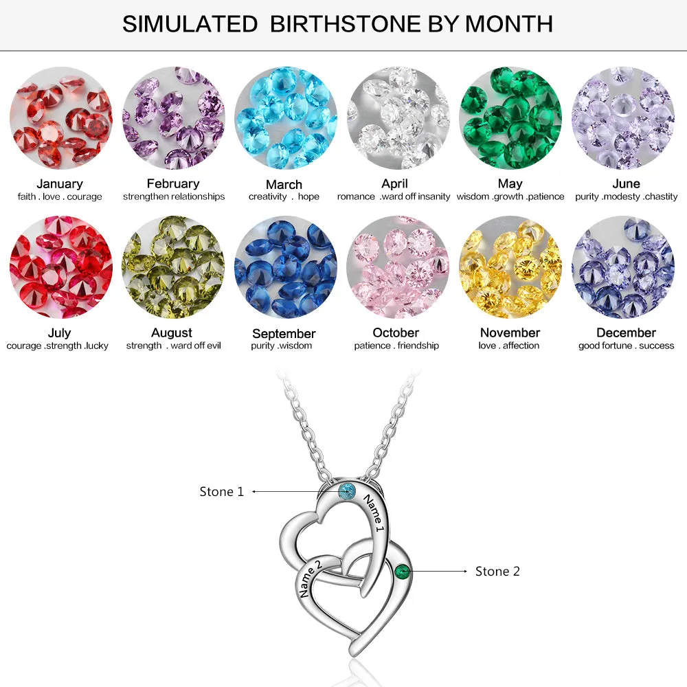 Personalized Mother's Necklace 2 Birthstones Linked Hearts 2 Engraved Names