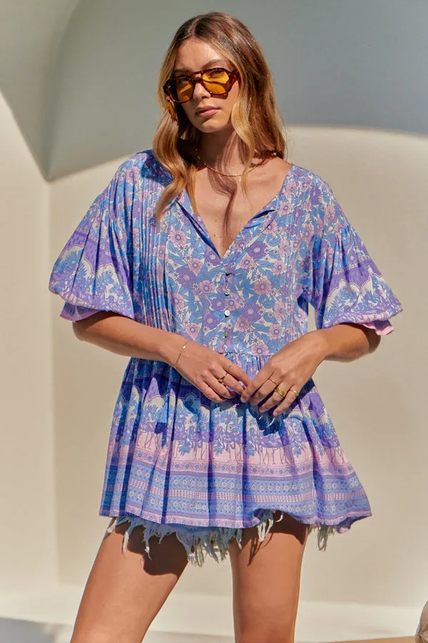 Pia Tunic Top Blue Flamingo Print