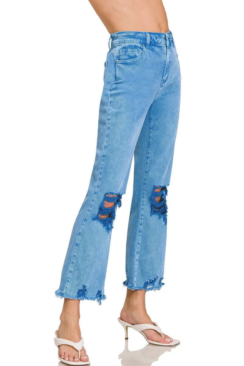 Posey High Waist Destroyed Acid Wash Pants in Ocean Blue