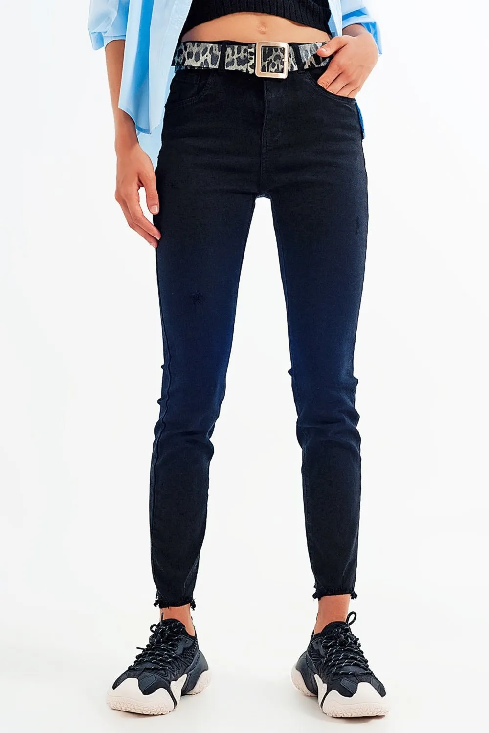 Q2 Black Jagged Hem Skinny Stretch Jeans