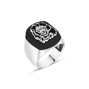 Rectangle Onyx Stone with Lion Symbol Silver Men's Ring