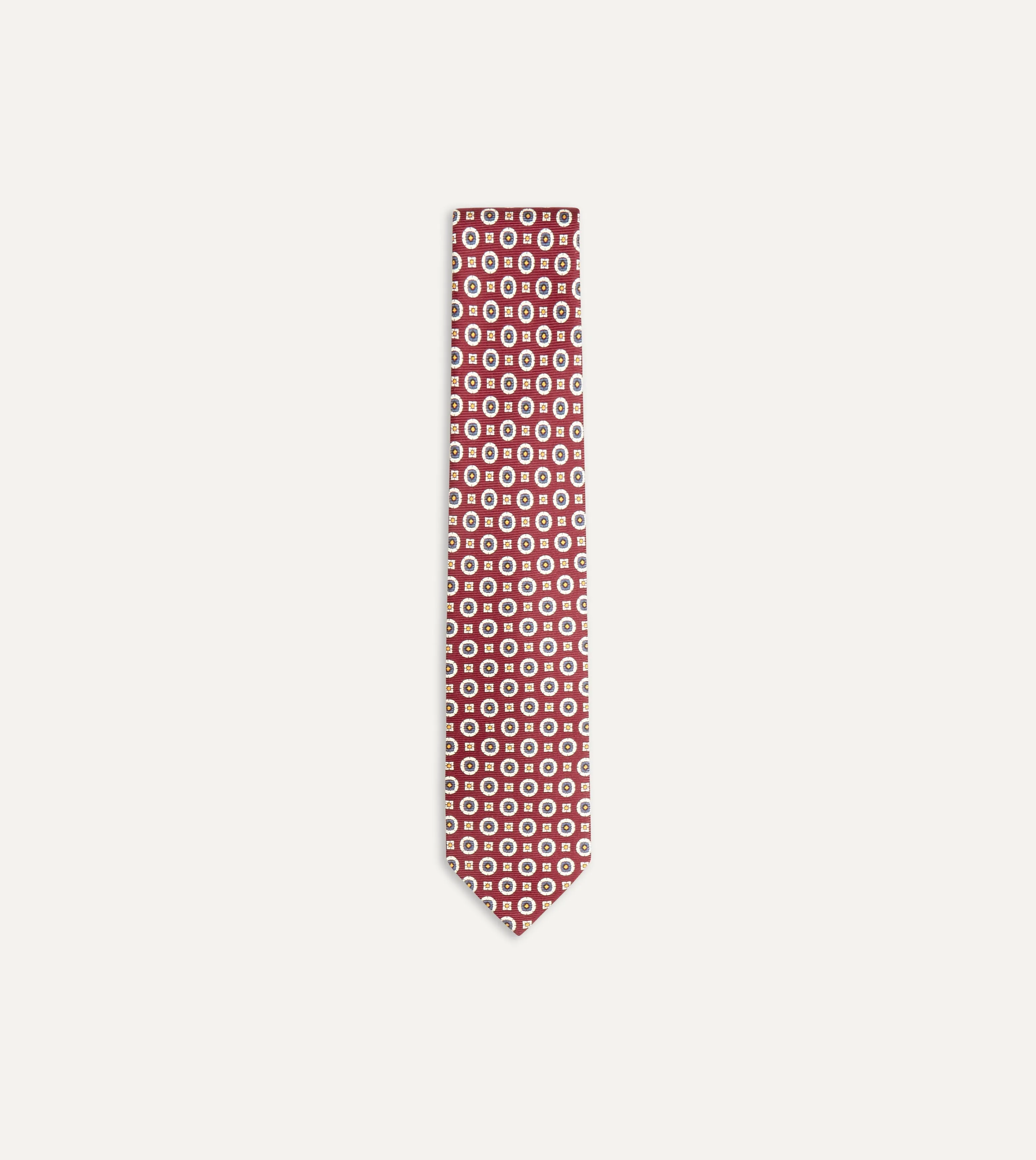 Red and Blue Geometric Medallion Print Silk Foulard Tie