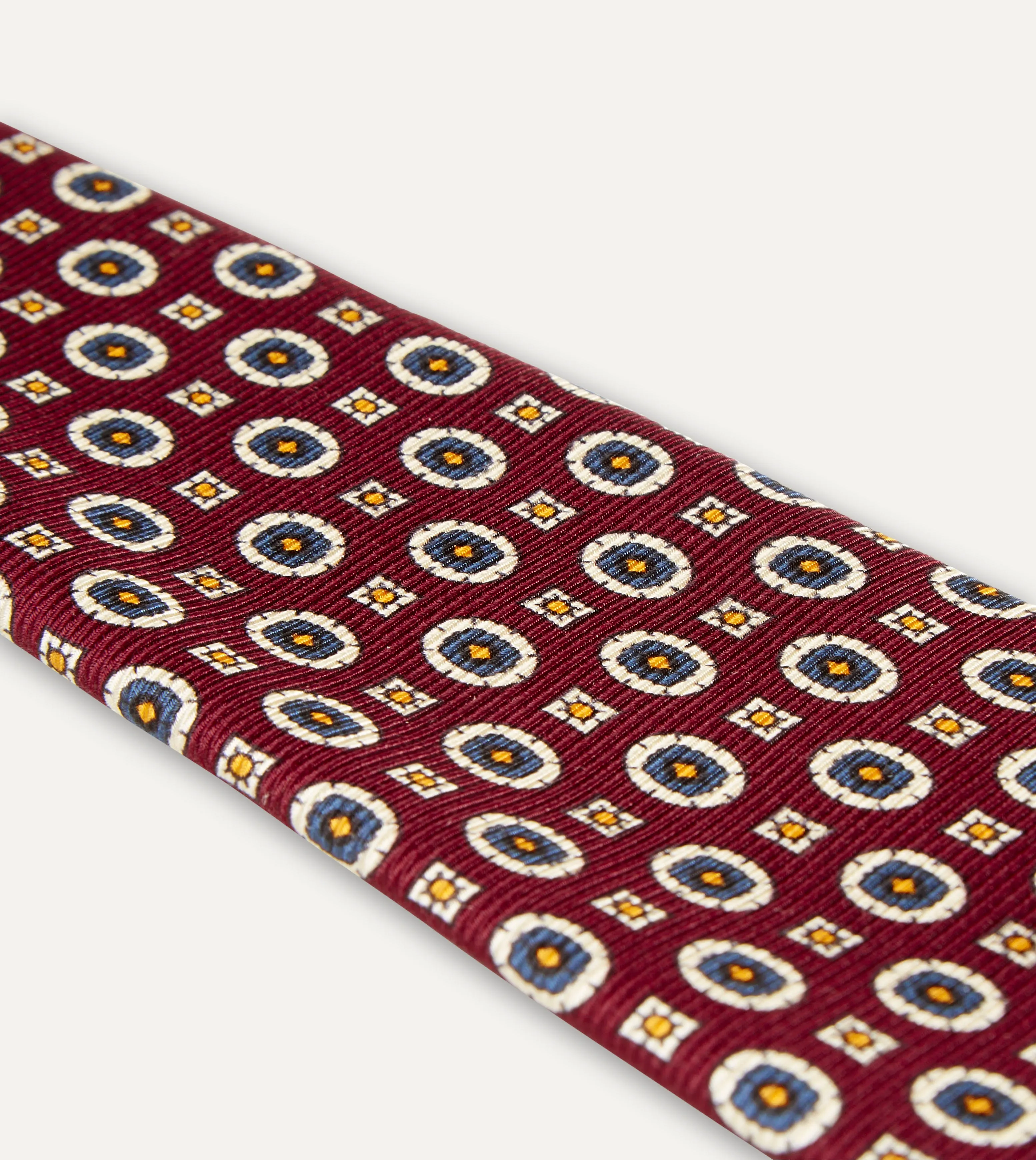 Red and Blue Geometric Medallion Print Silk Foulard Tie