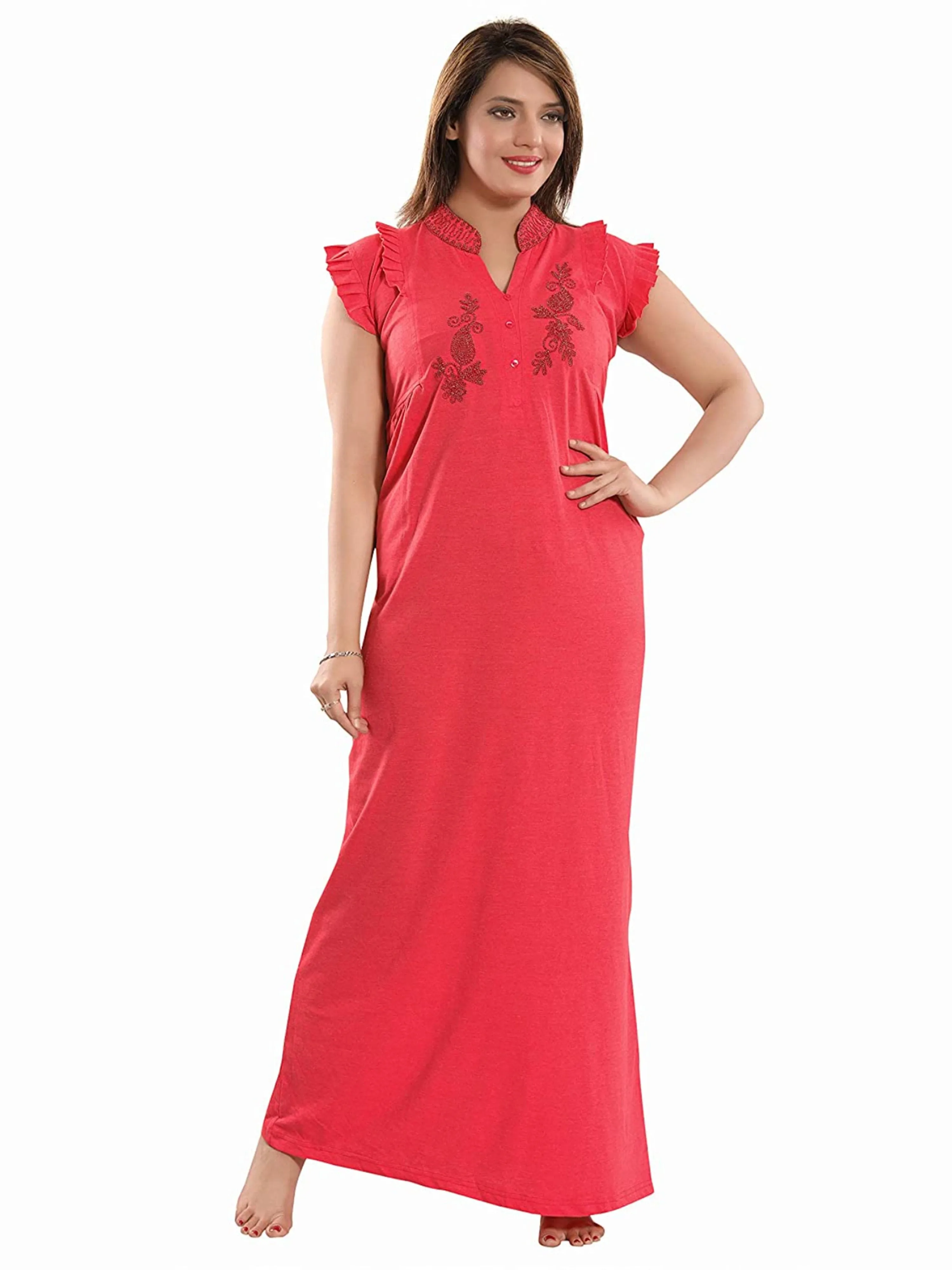 Red Cotton Blend Designer Nighty