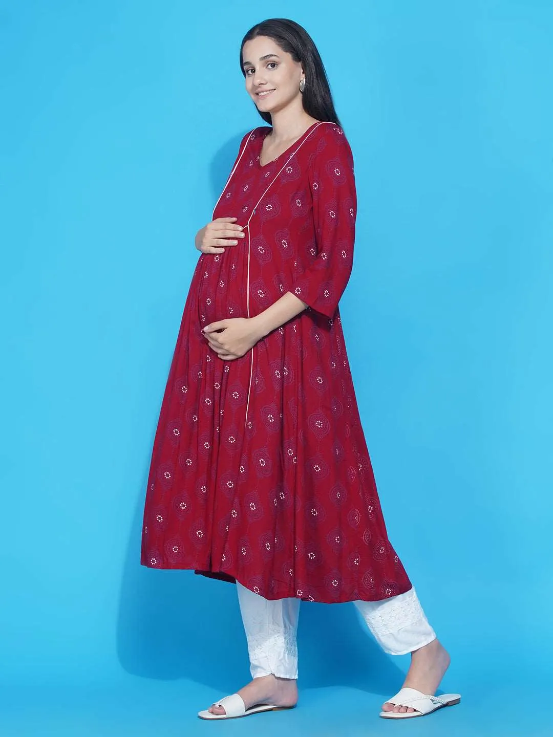 Red Floral A-Line Maternity and Feeding Kurta