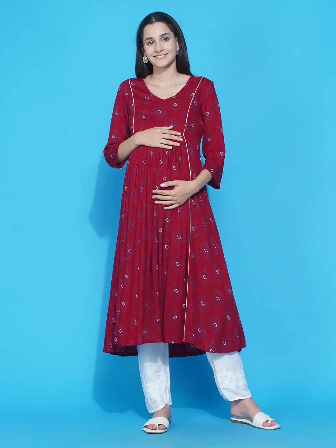 Red Floral A-Line Maternity and Feeding Kurta