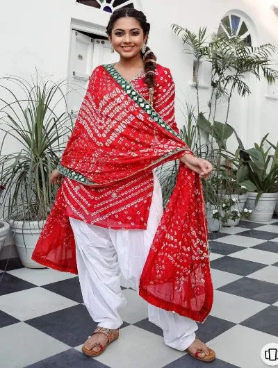 Red Silk Bandhani Mirrorwork Patiala Suit with Dupatta