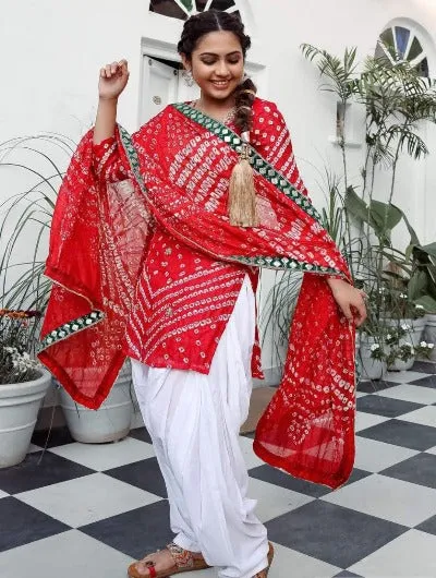 Red Silk Bandhani Mirrorwork Patiala Suit with Dupatta