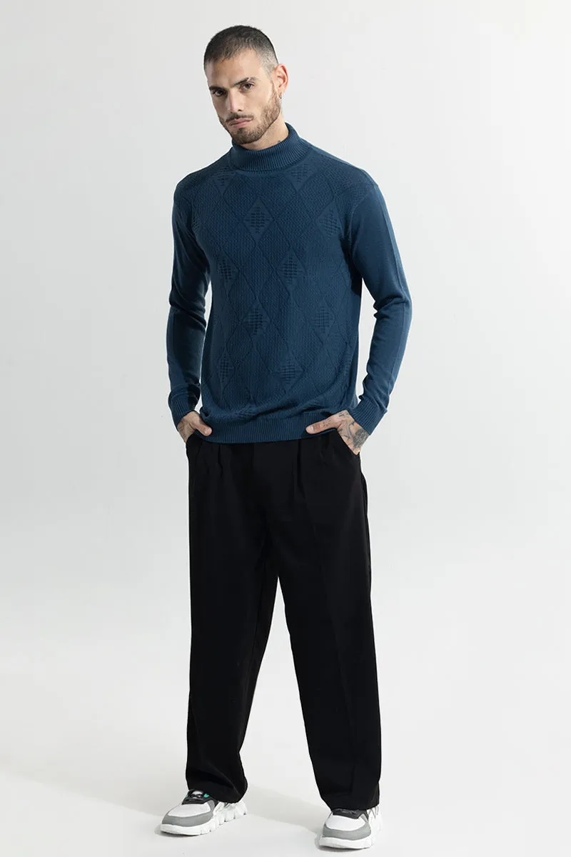 Rhomboid Blue Turtle Neck Sweater