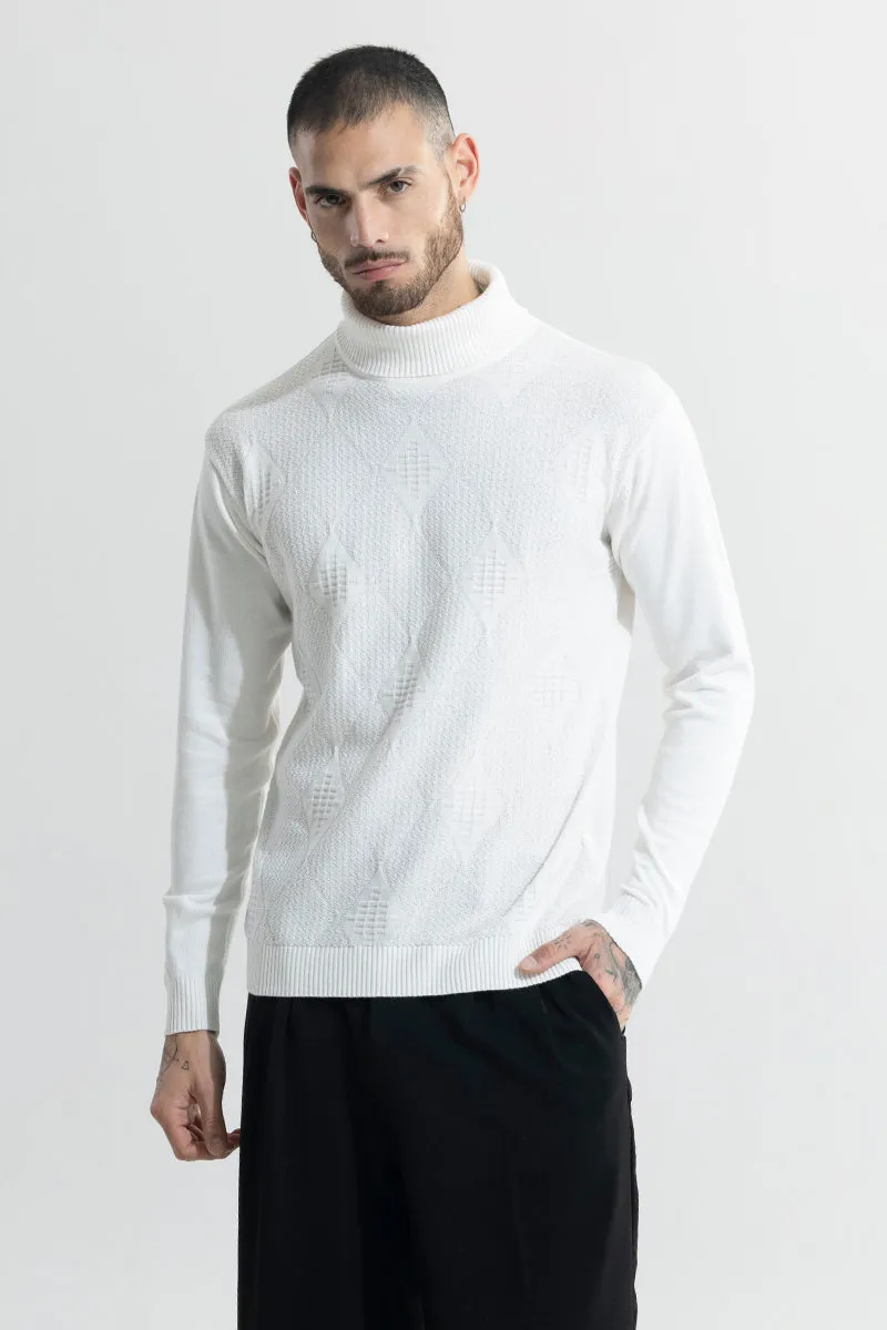 Rhomboid White Turtle Neck Sweater